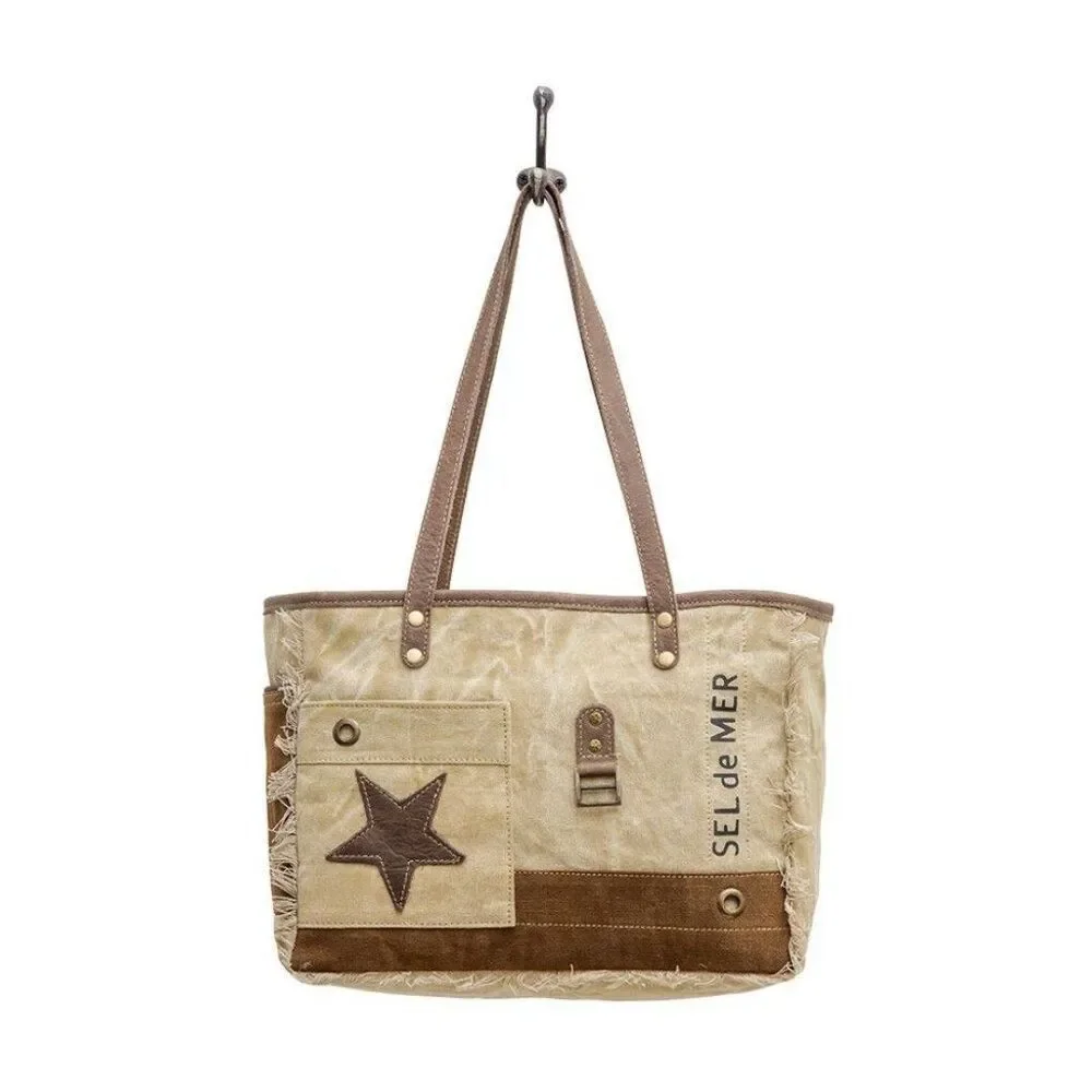Myra Bag Handmade Spur Tote Bag Upcycled Canvas & Cowhide Leather